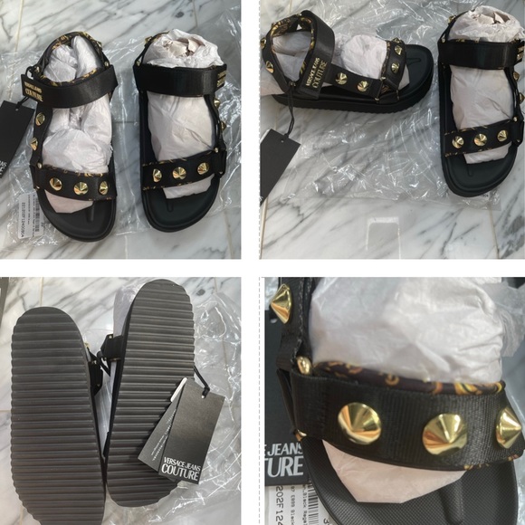 VERSACE GOLD STUDDED SANDALS , BLACK & BAROQUE PRINT WITH CHUCKY SOLES - Picture 7 of 16